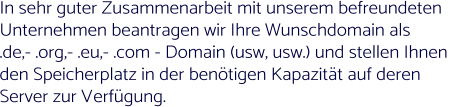 In sehr guter Zusammenarbeit mit unserem befreundeten  Unternehmen beantragen wir Ihre Wunschdomain als  .de,- .org,- .eu,- .com - Domain (usw, usw.) und stellen Ihnen  den Speicherplatz in der benötigen Kapazität auf deren  Server zur Verfügung.